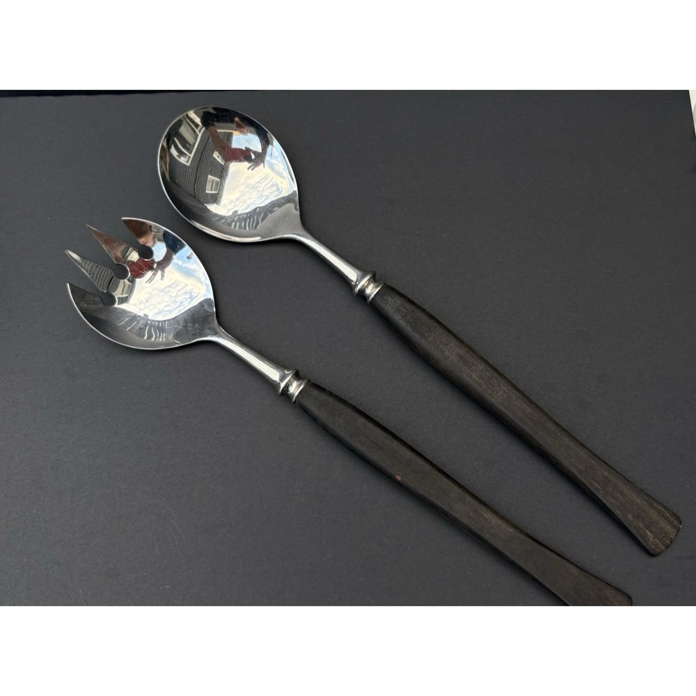 Vintage Scandinavian salad serving set made in Norway silver metal wood handles